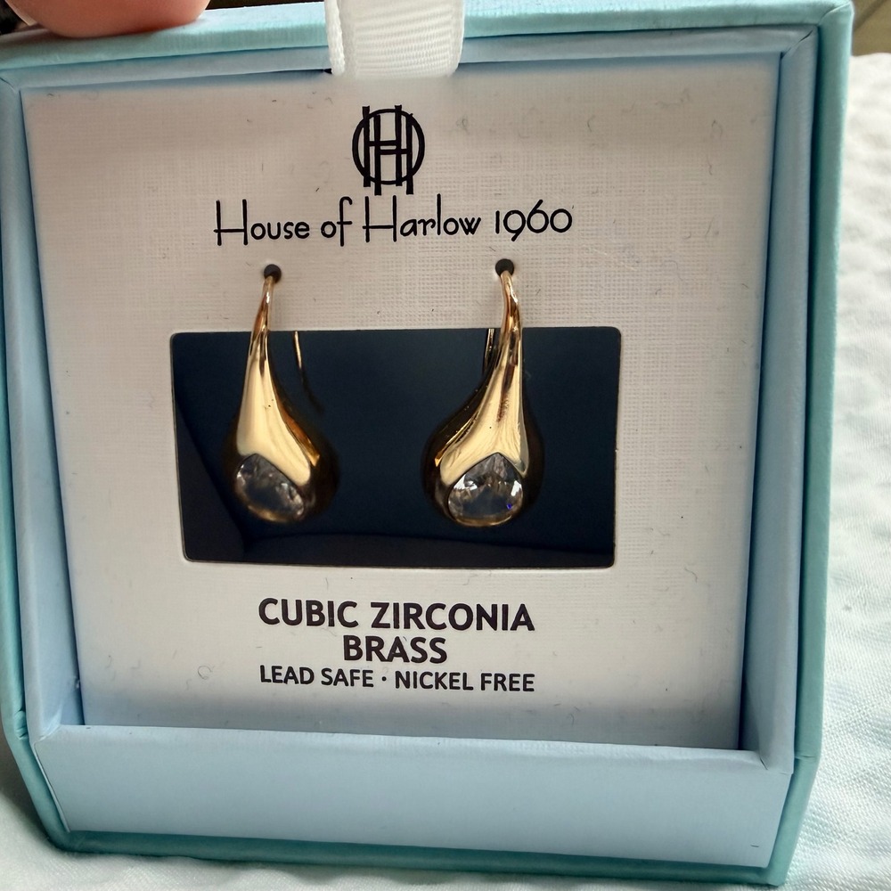NEW House of Harlow 1960 Gold Brass Cubic Zirconia Teardrop Drop Earrings